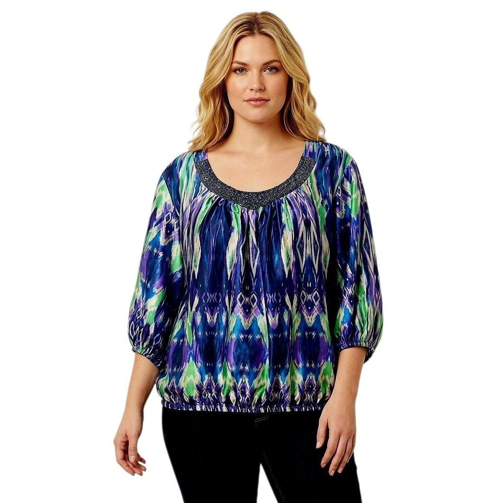 Lily White Womens Top 3X Blue Purple satiny Beaded Dolman slv cinched  hem Boho